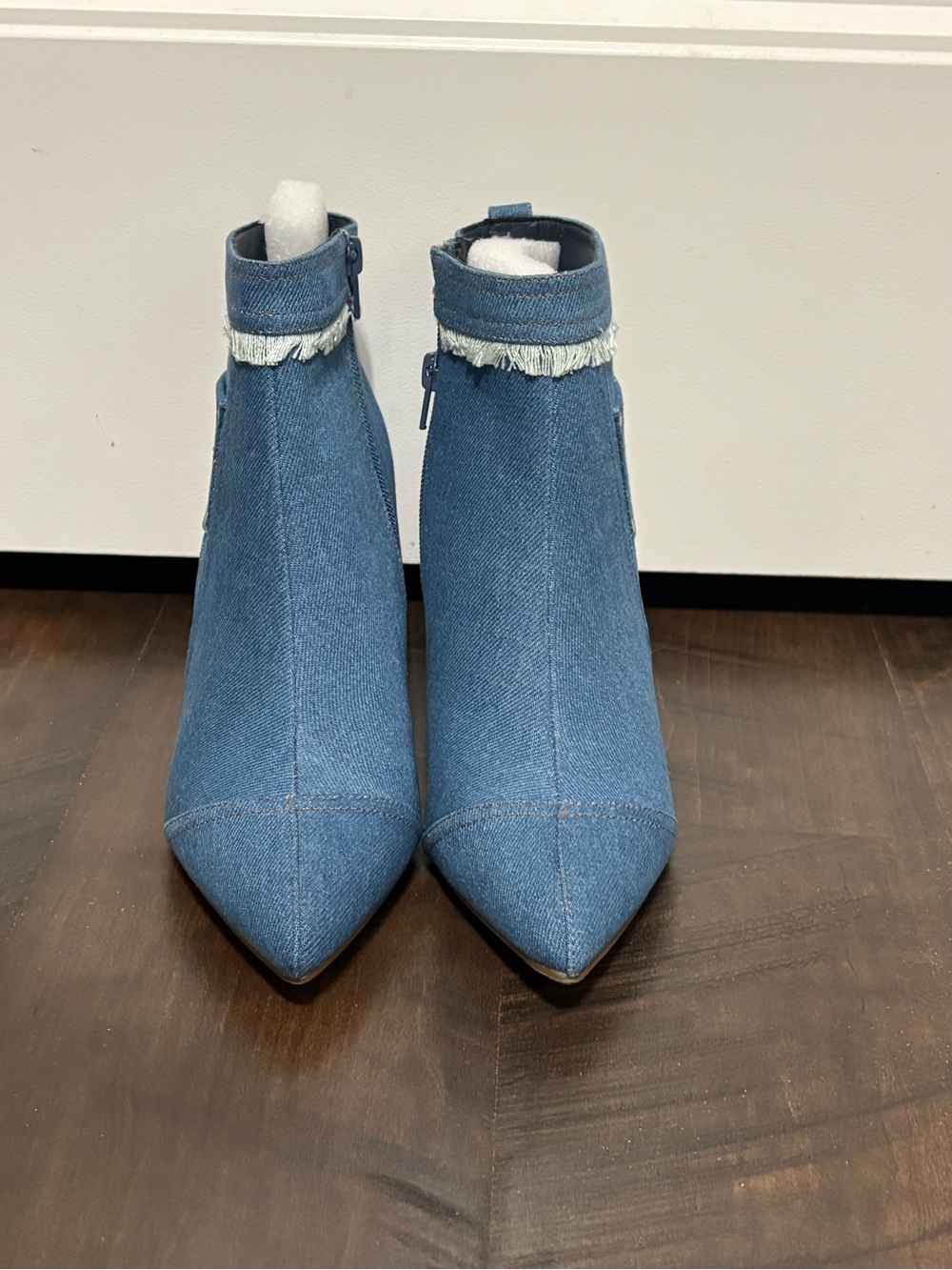 Fringe-Trim Denim Pointed Ankle Boots- NWOT